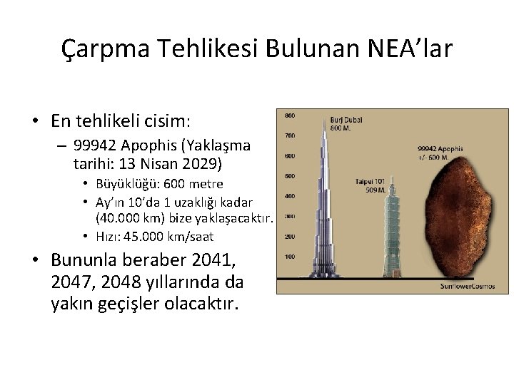 Çarpma Tehlikesi Bulunan NEA’lar • En tehlikeli cisim: – 99942 Apophis (Yaklaşma tarihi: 13 Çarpma Tehlikesi Bulunan NEA’lar • En tehlikeli cisim: – 99942 Apophis (Yaklaşma tarihi: 13