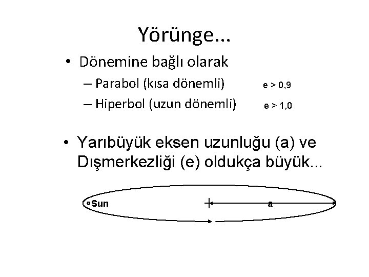 Yörünge. . . • Dönemine bağlı olarak – Parabol (kısa dönemli) – Hiperbol (uzun Yörünge. . . • Dönemine bağlı olarak – Parabol (kısa dönemli) – Hiperbol (uzun