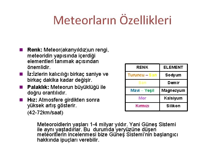 Meteorların Özellikleri n Renk: Meteor(akanyıldız)un rengi, meteoridin yapısında içerdiği elementleri tanımak açısından önemlidir. n Meteorların Özellikleri n Renk: Meteor(akanyıldız)un rengi, meteoridin yapısında içerdiği elementleri tanımak açısından önemlidir. n