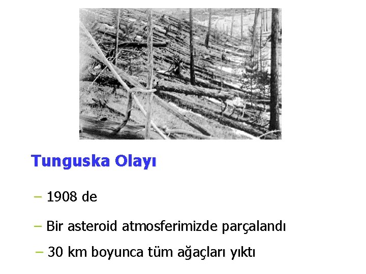 Tunguska Olayı – 1908 de – Bir asteroid atmosferimizde parçalandı – 30 km boyunca Tunguska Olayı – 1908 de – Bir asteroid atmosferimizde parçalandı – 30 km boyunca
