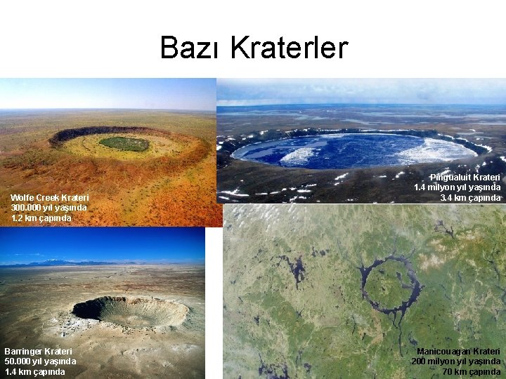 Bazı Kraterler Wolfe Creek Krateri 300. 000 yıl yaşında 1. 2 km çapında Barringer Bazı Kraterler Wolfe Creek Krateri 300. 000 yıl yaşında 1. 2 km çapında Barringer