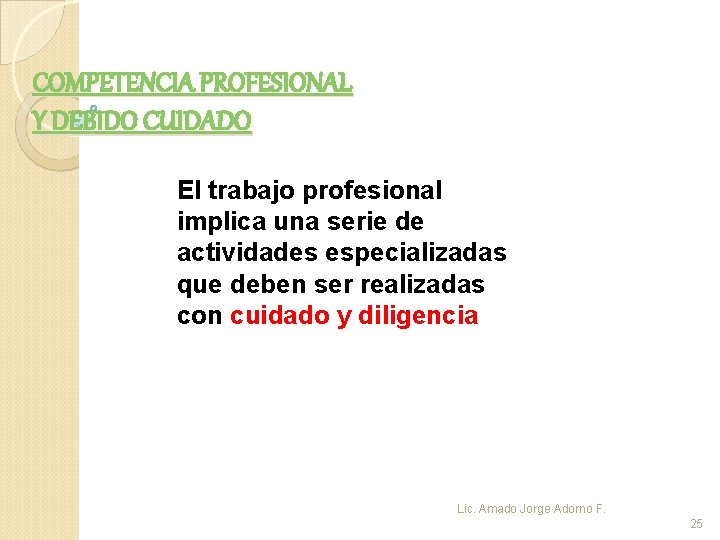 COMPETENCIA PROFESIONAL Y DEBIDO CUIDADO El trabajo profesional implica una serie de actividades especializadas