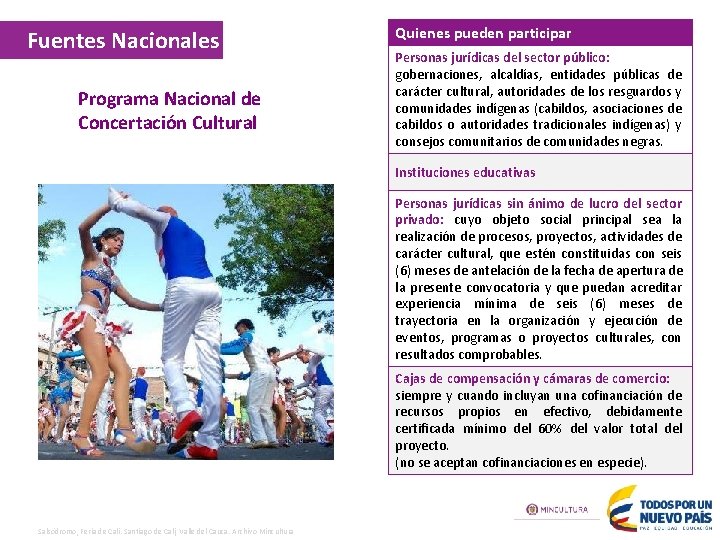 Fuentes Nacionales Programa Nacional de Concertación Cultural Quienes pueden participar Personas jurídicas del sector