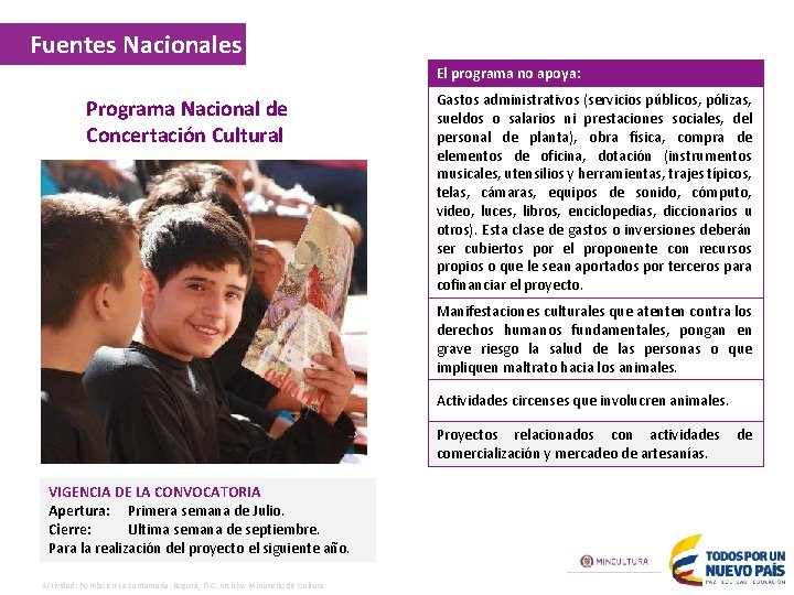 Fuentes Nacionales El programa no apoya: Programa Nacional de Concertación Cultural Gastos administrativos (servicios