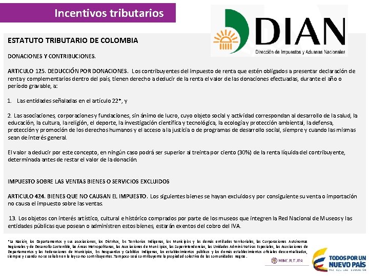 Incentivos tributarios ESTATUTO TRIBUTARIO DE COLOMBIA DONACIONES Y CONTRIBUCIONES. ARTICULO 125. DEDUCCIÓN POR DONACIONES.