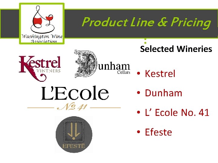  Product Line & Pricing : Selected Wineries • Kestrel • Dunham • L’