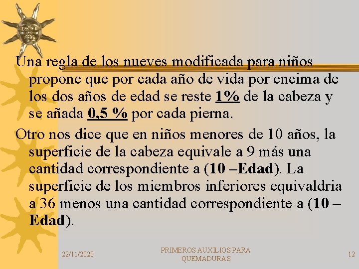 Una regla de los nueves modificada para niños propone que por cada año de