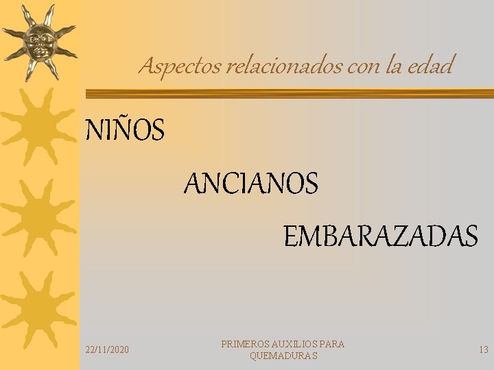 Aspectos relacionados con la edad NIÑOS ANCIANOS EMBARAZADAS 22/11/2020 PRIMEROS AUXILIOS PARA QUEMADURAS 13