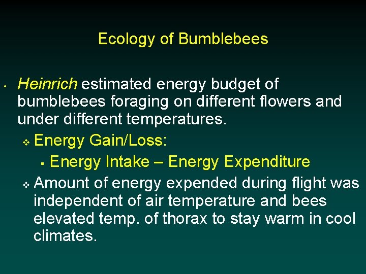 Ecology of Bumblebees • Heinrich estimated energy budget of bumblebees foraging on different flowers