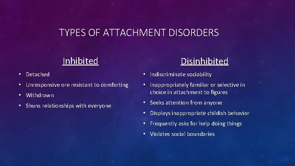 TYPES OF ATTACHMENT DISORDERS Inhibited Disinhibited • Detached • Indiscriminate sociability • Unresponsive ore