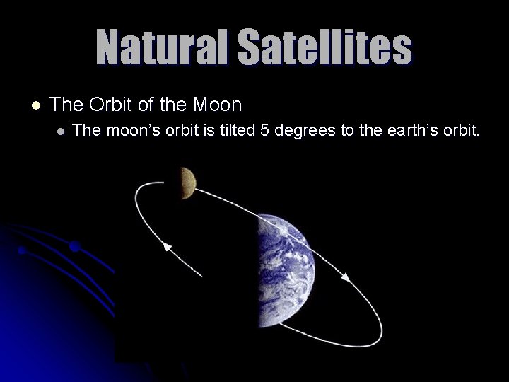 Natural Satellites l The Orbit of the Moon l The moon’s orbit is tilted