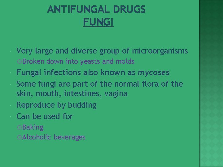 ANTIFUNGAL DRUGS FUNGI Very large and diverse group of microorganisms Broken down into yeasts