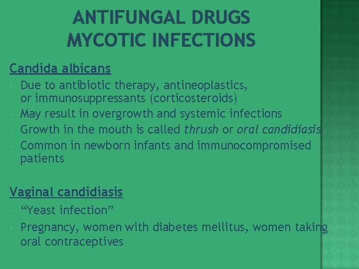 ANTIFUNGAL DRUGS MYCOTIC INFECTIONS Candida albicans Due to antibiotic therapy, antineoplastics, or immunosuppressants (corticosteroids)