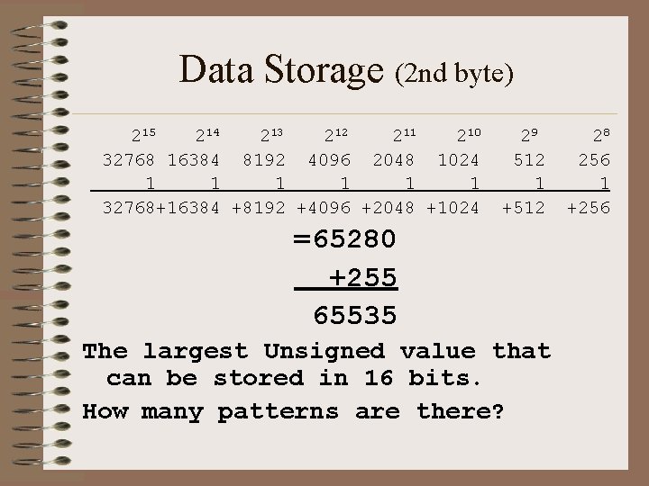 Data Storage (2 nd byte) 215 214 213 212 211 210 32768 16384 8192