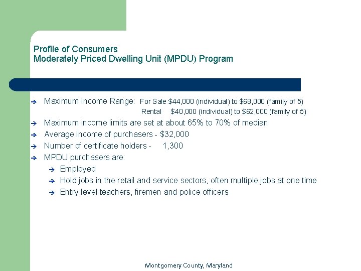 Profile of Consumers Moderately Priced Dwelling Unit (MPDU) Program è Maximum Income Range: For