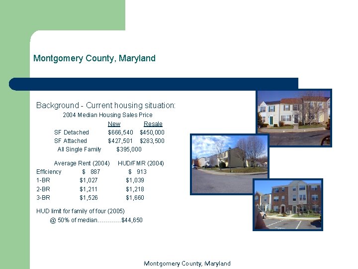Montgomery County, Maryland Background - Current housing situation: 2004 Median Housing Sales Price New