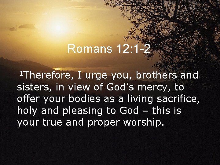 Romans 12: 1 -2 1 Therefore, I urge you, brothers and sisters, in view