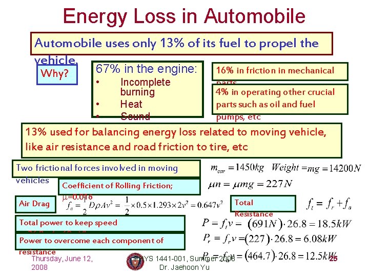 Energy Loss in Automobile uses only 13% of its fuel to propel the vehicle.