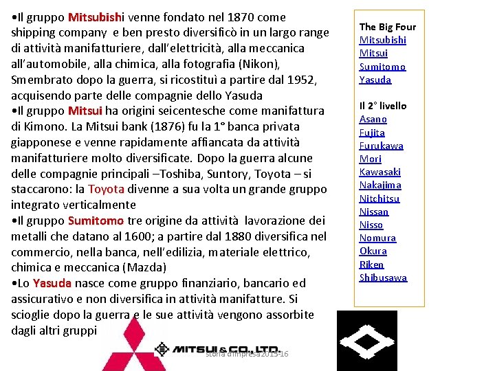  • Il gruppo Mitsubishi Mitsubish venne fondato nel 1870 come shipping company e