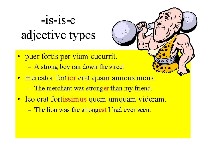-is-is-e adjective types • puer fortis per viam cucurrit. – A strong boy ran