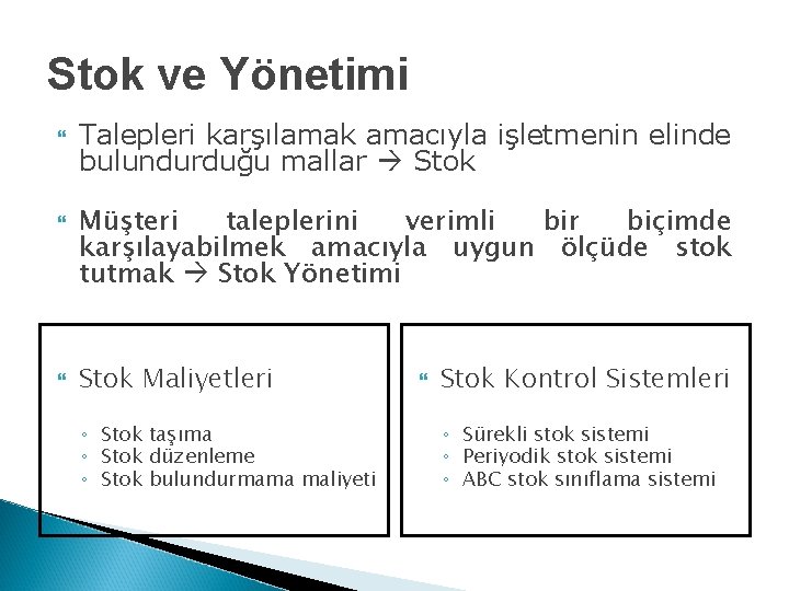 Stok ve Yönetimi Talepleri karşılamak amacıyla işletmenin elinde bulundurduğu mallar Stok Müşteri taleplerini verimli