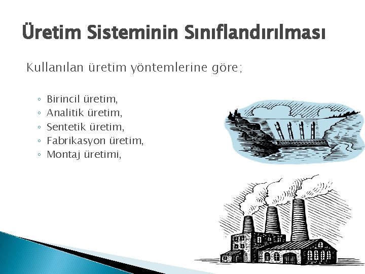 Üretim Sisteminin Sınıflandırılması Kullanılan üretim yöntemlerine göre; ◦ ◦ ◦ Birincil üretim, Analitik üretim,