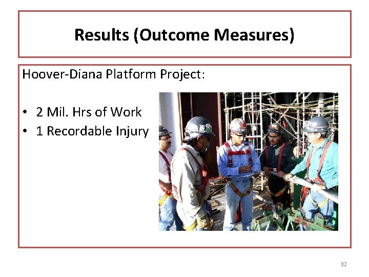 Results (Outcome Measures) Hoover-Diana Platform Project: • 2 Mil. Hrs of Work • 1