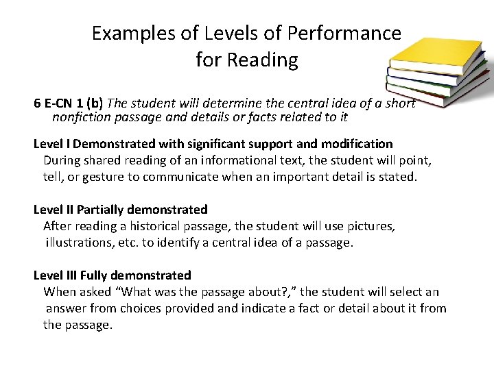 Examples of Levels of Performance for Reading 6 E-CN 1 (b) The student will