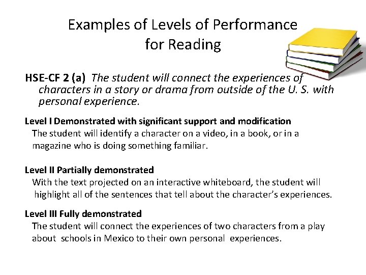 Examples of Levels of Performance for Reading HSE-CF 2 (a) The student will connect