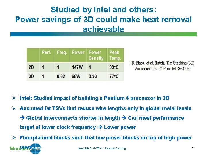 Studied by Intel and others: Power savings of 3 D could make heat removal Studied by Intel and others: Power savings of 3 D could make heat removal