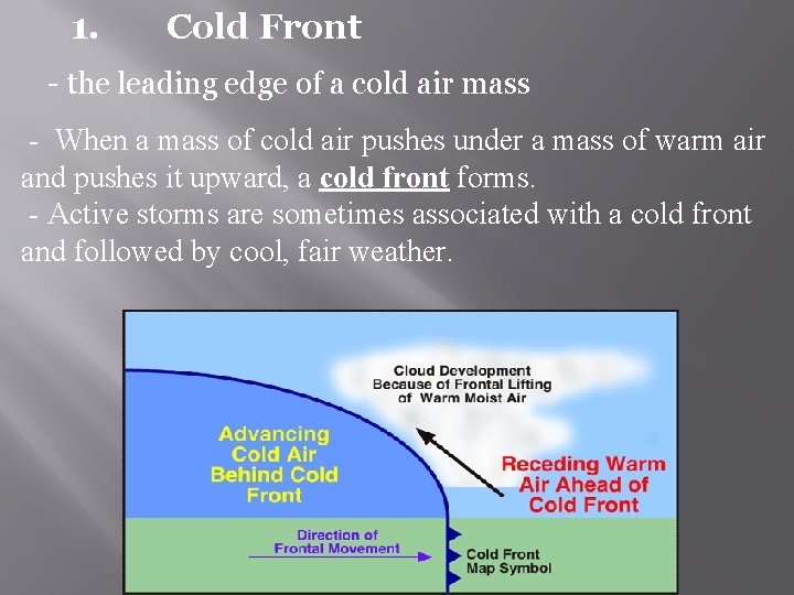 1. Cold Front - the leading edge of a cold air mass - When