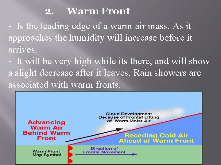 2. Warm Front - Is the leading edge of a warm air mass. As