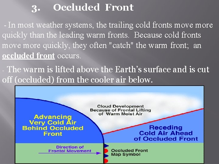 3. Occluded Front - In most weather systems, the trailing cold fronts move more