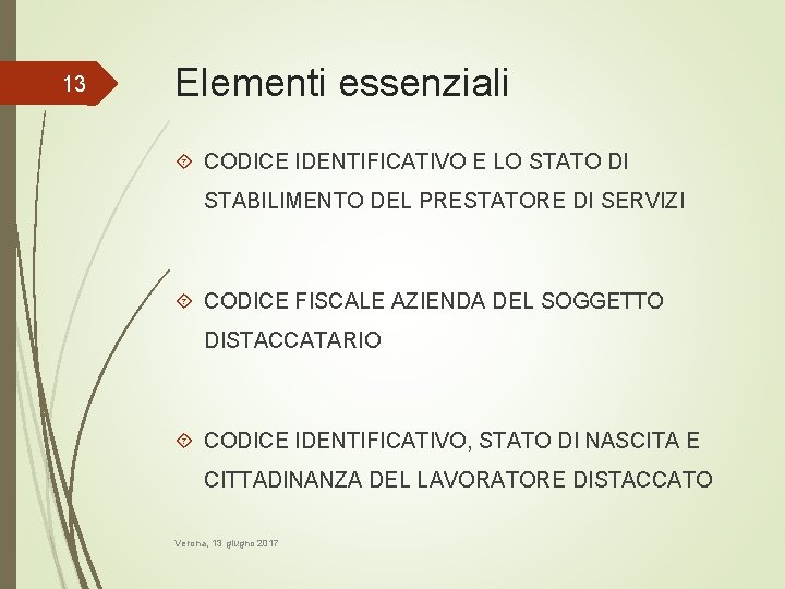 13 Elementi essenziali CODICE IDENTIFICATIVO E LO STATO DI STABILIMENTO DEL PRESTATORE DI SERVIZI