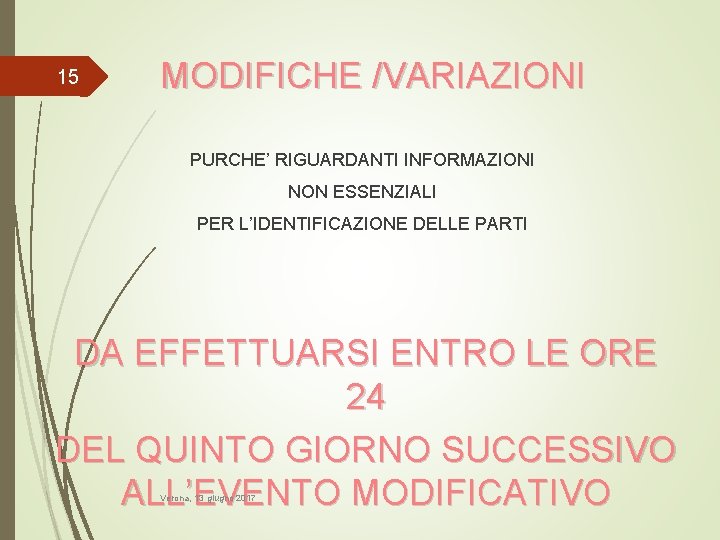 15 MODIFICHE /VARIAZIONI PURCHE’ RIGUARDANTI INFORMAZIONI NON ESSENZIALI PER L’IDENTIFICAZIONE DELLE PARTI DA EFFETTUARSI