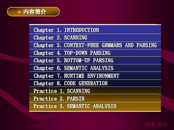 ● 内容简介 Chapter 1. INTRODUCTION Chapter 2. SCANNING Chapter 3. CONTEXT-FREE GRMMARS AND PARSING