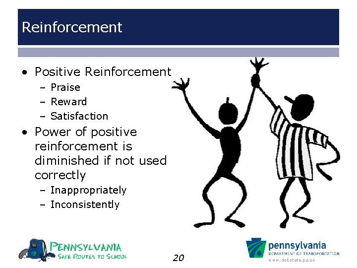 Reinforcement • Positive Reinforcement – Praise – Reward – Satisfaction • Power of positive