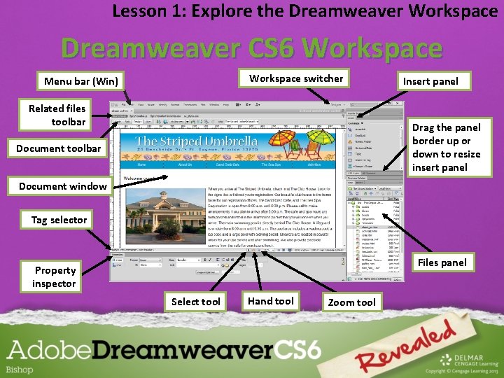 Lesson 1: Explore the Dreamweaver Workspace Dreamweaver CS 6 Workspace switcher Menu bar (Win)