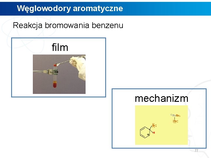 Węglowodory aromatyczne Reakcja bromowania benzenu film mechanizm 77 Węglowodory aromatyczne Reakcja bromowania benzenu film mechanizm 77