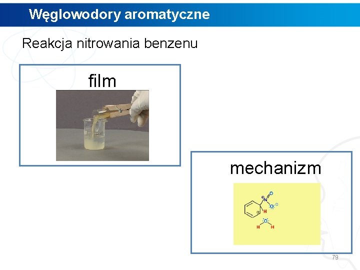 Węglowodory aromatyczne Reakcja nitrowania benzenu film mechanizm 79 Węglowodory aromatyczne Reakcja nitrowania benzenu film mechanizm 79