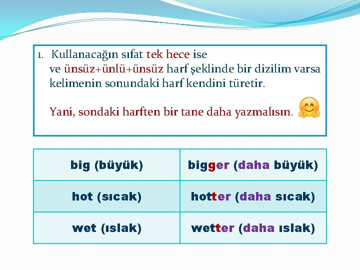 1. Kullanacağın sıfat tek hece ise ve ünsüz+ünlü+ünsüz harf şeklinde bir dizilim varsa kelimenin