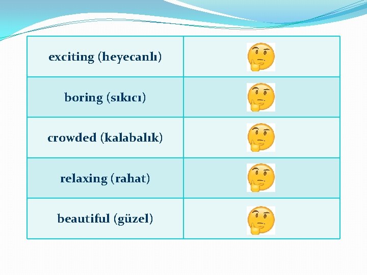 exciting (heyecanlı) ? boring (sıkıcı) ? crowded (kalabalık) ? relaxing (rahat) ? beautiful (güzel)