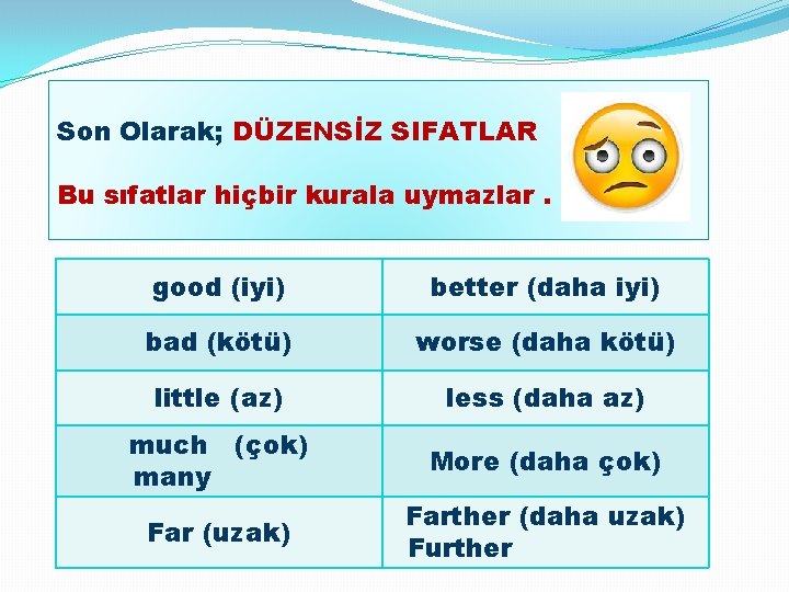 Son Olarak; DÜZENSİZ SIFATLAR Bu sıfatlar hiçbir kurala uymazlar. good (iyi) better (daha iyi)