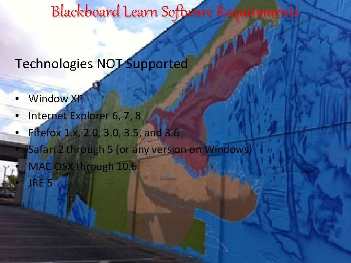 Blackboard Learn Software Requirements Technologies NOT Supported • • • Window XP Internet Explorer