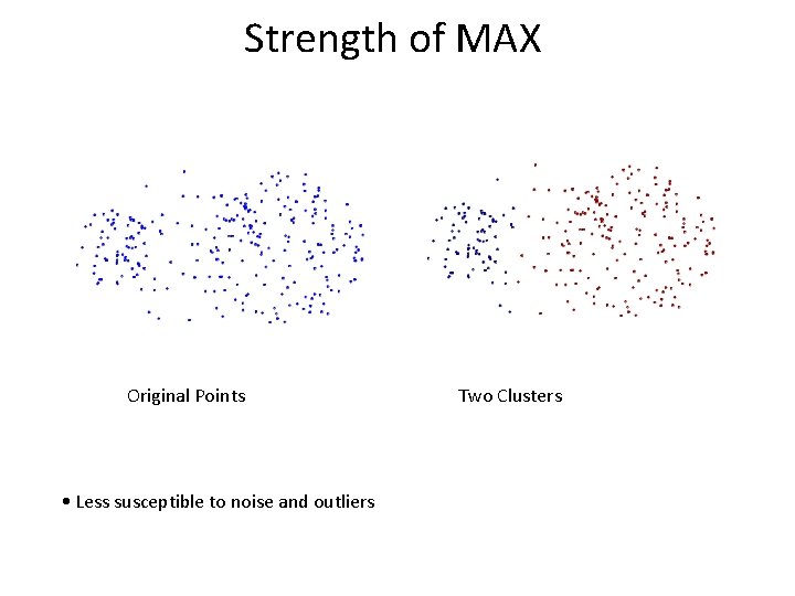 Strength of MAX Original Points • Less susceptible to noise and outliers Two Clusters