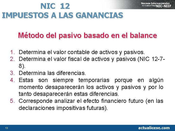 NIC 12 IMPUESTOS A LAS GANANCIAS Método del pasivo basado en el balance 1.