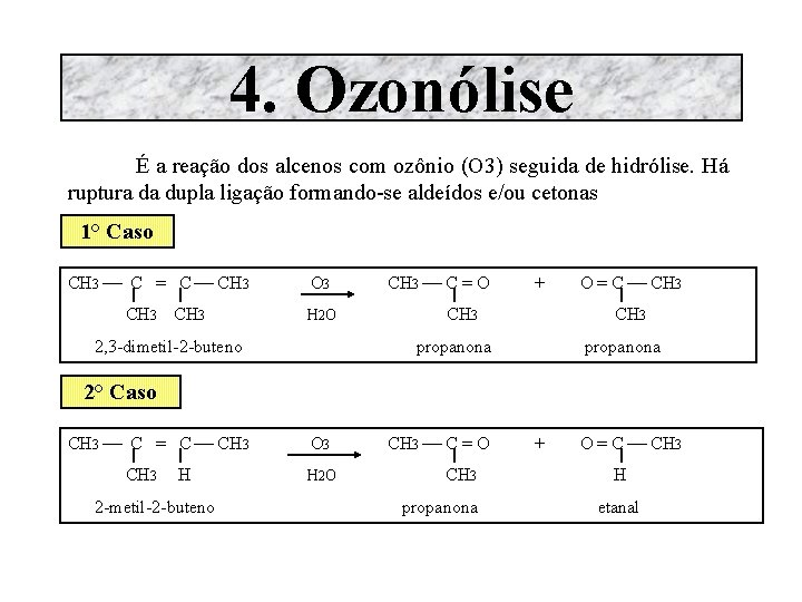 4. Ozonólise É a reação dos alcenos com ozônio (O 3) seguida de hidrólise.