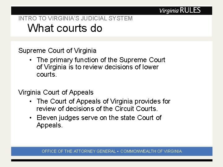 INTRO TO VIRGINIA’S JUDICIAL SYSTEM Subhead What courts do Supreme Court of Virginia • INTRO TO VIRGINIA’S JUDICIAL SYSTEM Subhead What courts do Supreme Court of Virginia •