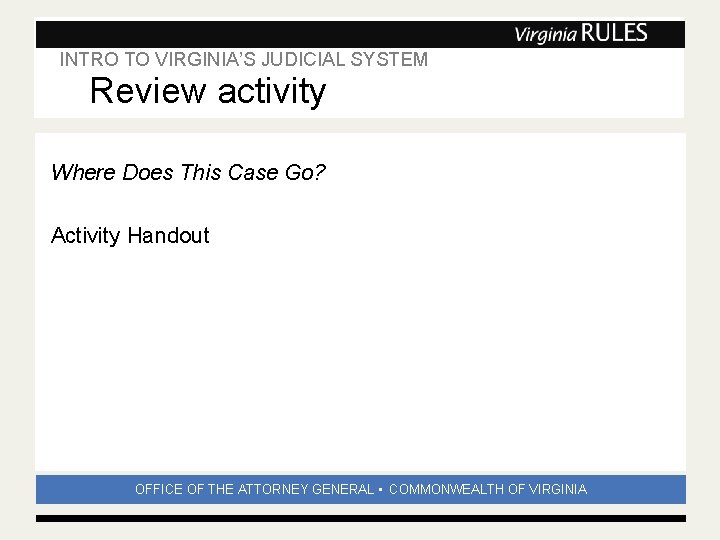 INTRO TO VIRGINIA’S JUDICIAL SYSTEM Subhead Review activity Where Does This Case Go? Activity INTRO TO VIRGINIA’S JUDICIAL SYSTEM Subhead Review activity Where Does This Case Go? Activity