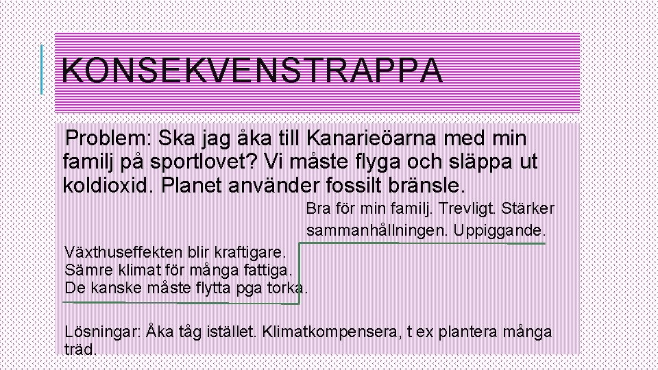 KONSEKVENSTRAPPA Problem: Ska jag åka till Kanarieöarna med min familj på sportlovet? Vi måste KONSEKVENSTRAPPA Problem: Ska jag åka till Kanarieöarna med min familj på sportlovet? Vi måste